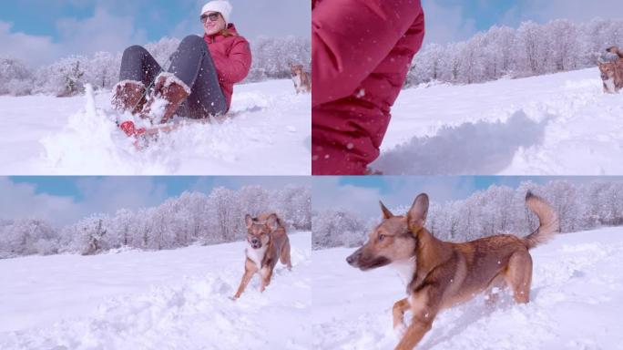 慢动作开朗的女士在可爱的狗的陪伴下在新鲜的雪地上滑雪