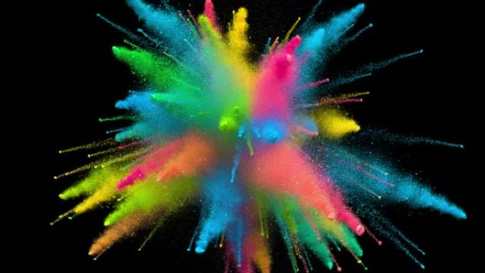 彩色爆炸的彩色粒子粉末3d动画背景。慢动作中明亮的多色爆裂涂料。抽象虹彩冲击波。爆破艺术视觉色彩混合