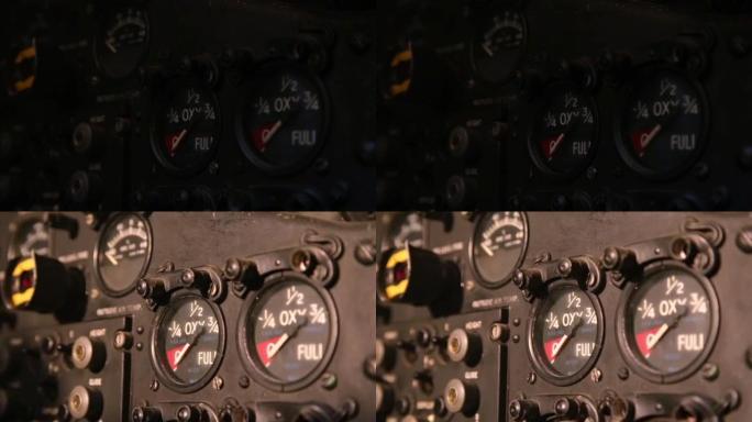 一架旧战斗机驾驶舱内的仪表。特写。