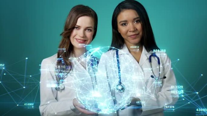 美丽的全息图在女医生的手上旋转。年轻的微笑女性医务人员手持未来派数字蓝色网络全息图，移动网格，线条，