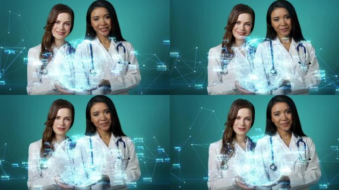 美丽的全息图在女医生的手上旋转。年轻的微笑女性医务人员手持未来派数字蓝色网络全息图，移动网格，线条，