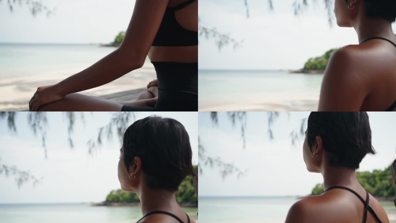 女人在沙滩上冥想宁静心灵沙滩瑜伽冥想放松