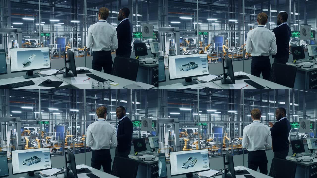 两位不同的汽车工业工程师在汽车装配厂的办公室里谈论汽车生产。工业专家讨论平板电脑上的工作项目。