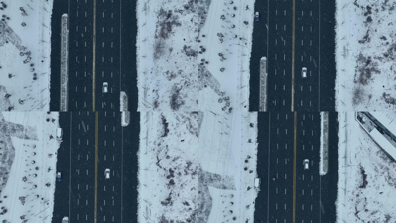 冬天，雪落在城市道路上