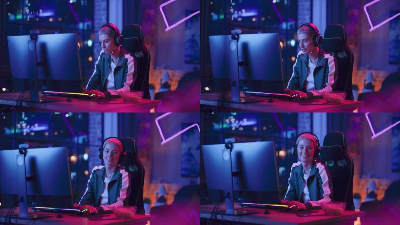 一个女性玩家在电脑上玩在线视频游戏的肖像。戴着耳机的短发时尚年轻女子享受休闲时光，微笑着摆姿势拍照。