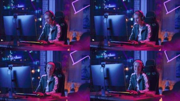 一个女性玩家在电脑上玩在线视频游戏的肖像。戴着耳机的短发时尚年轻女子享受休闲时光，微笑着摆姿势拍照。