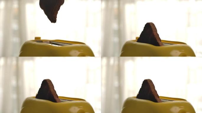 从烤面包机中取出的吐司切片以极端慢动作