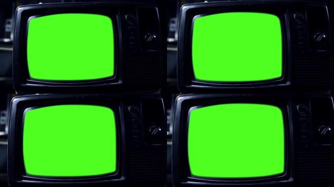 带色度键绿色屏幕的旧电视。放大。特写。