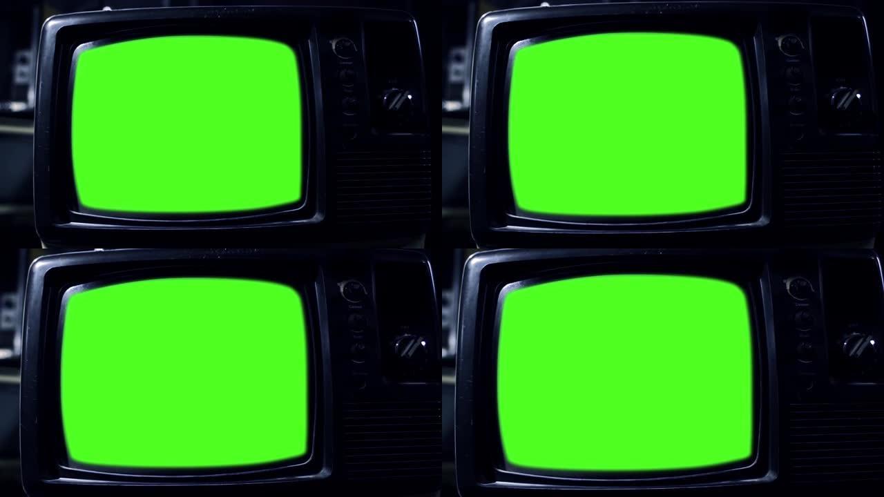 带色度键绿色屏幕的旧电视。放大。特写。