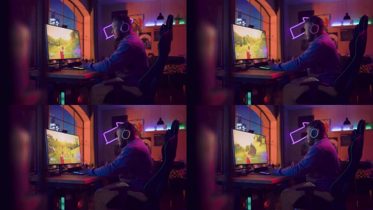在家玩游戏: 黑人玩家在个人电脑上玩在线视频游戏。时尚的男性玩家享受3D射击游戏，屏幕显示街机在线多
