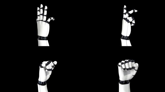 安卓机器人的手握紧拳头。摄像机飞来飞去。在黑色背景上。4K. 3D动画。