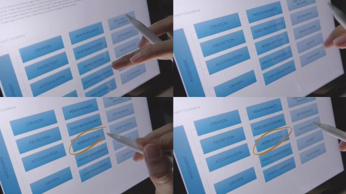 理财规划师在数字ipad上检查退休计划数据。