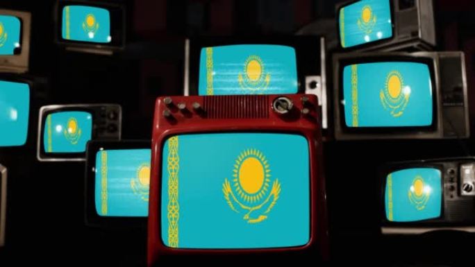 哈萨克斯坦国旗或哈萨克斯坦国旗和老式电视。4k分辨率。