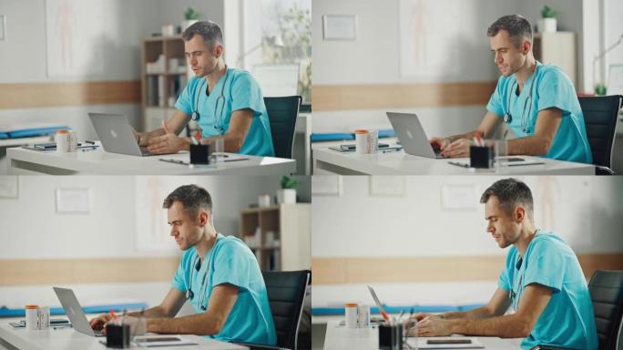 身穿蓝色制服的资深男护士在医生办公室的笔记本电脑上接听视频电话。医疗保健专业人员致力于消除护理职业中