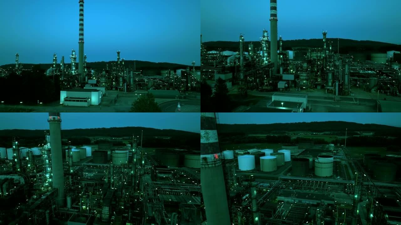 夜间生产燃料的工业炼油厂的航拍