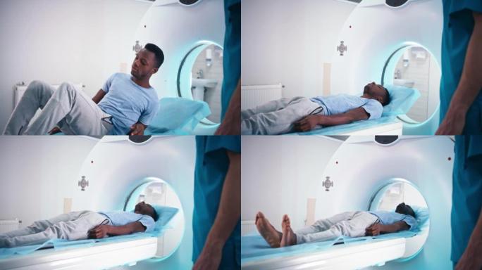 黑人患者在ct扫描手术前听作物医生