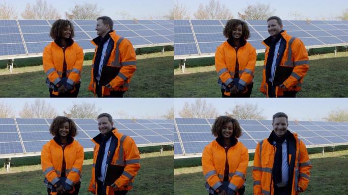 两名在太阳能农场工作的维护工程师的肖像