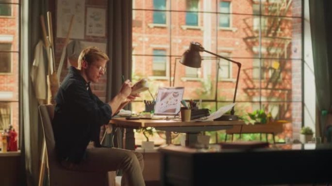 年轻的男艺术家在创意阁楼办公室的笔记本电脑前准备定制的运动鞋。男人在鞋子上画画。新潮的设计理念