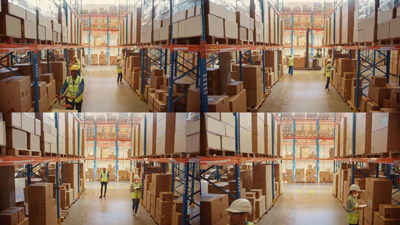 零售仓库里装满了纸箱里的货物，工人扫描和分类包裹，用托盘车和叉车移动库存。产品配送物流中心。起重机多