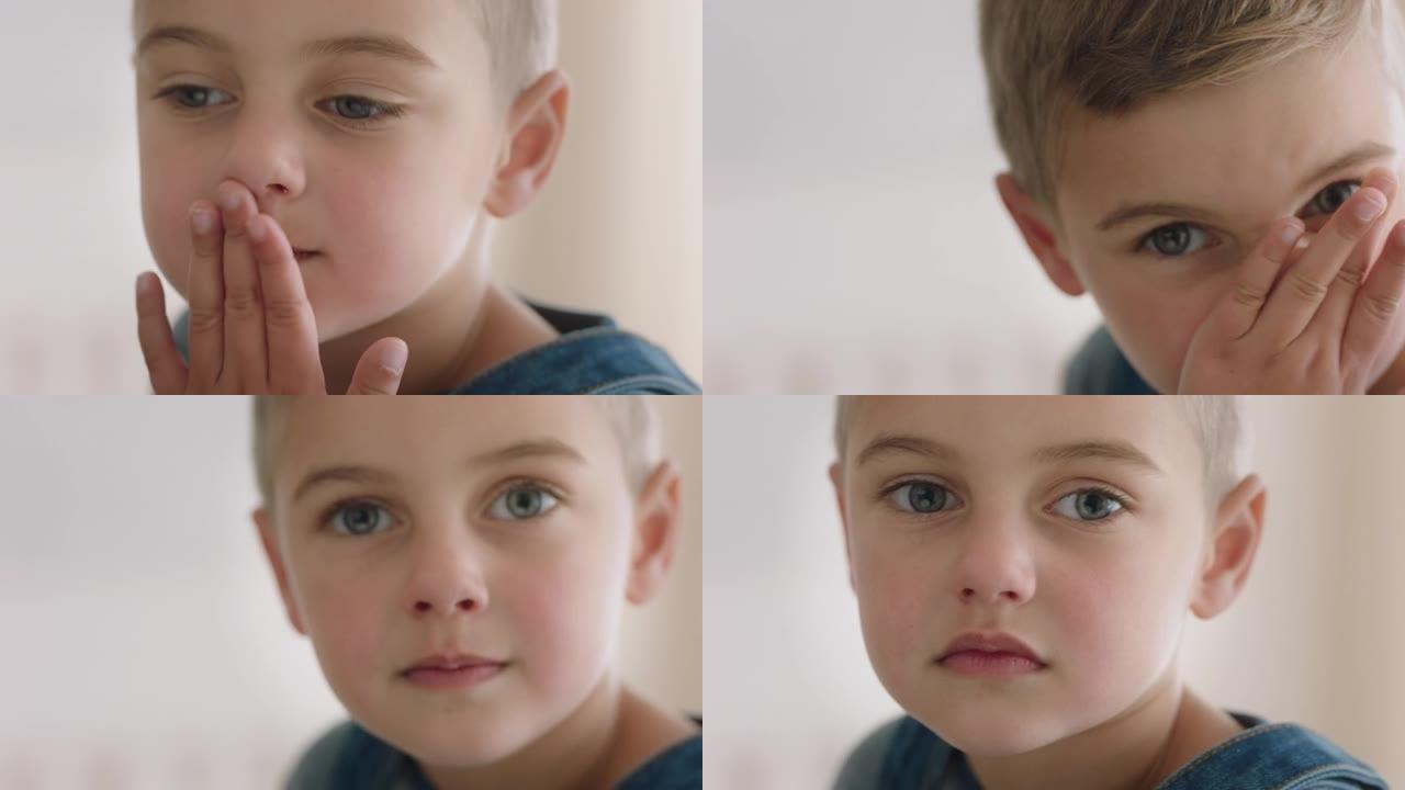 肖像快乐小男孩擦鼻子看着相机儿童与流感4k镜头