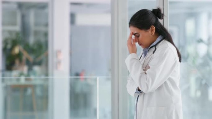 Stress, burnout and headache with woman doctor in 