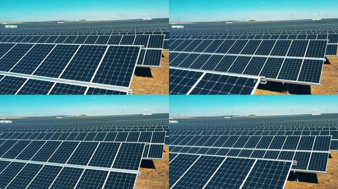 带电池的太阳能发电站。太阳能发电，太阳能电池板，太阳能农场概念。节能、能效、可再生能源概念。