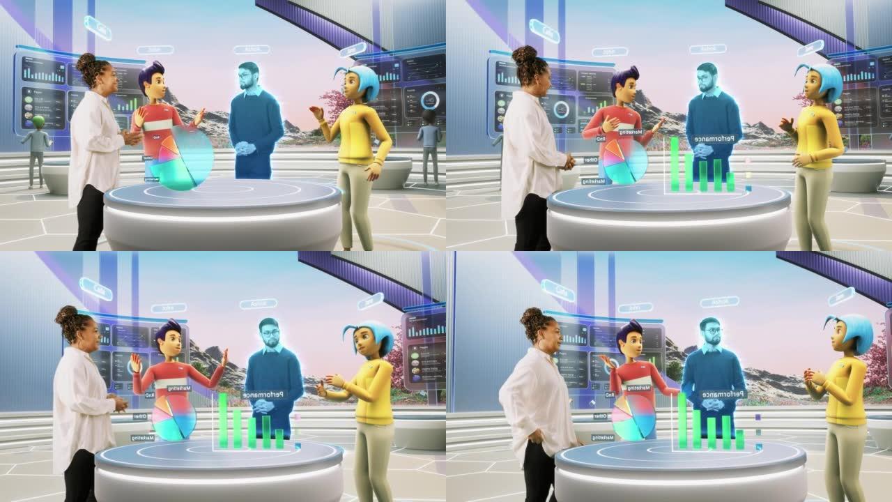 虚拟现实办公室的在线商务会议。真正的女经理站在同事的两个动画头像和另一位专家的全息图旁边。未来派3D