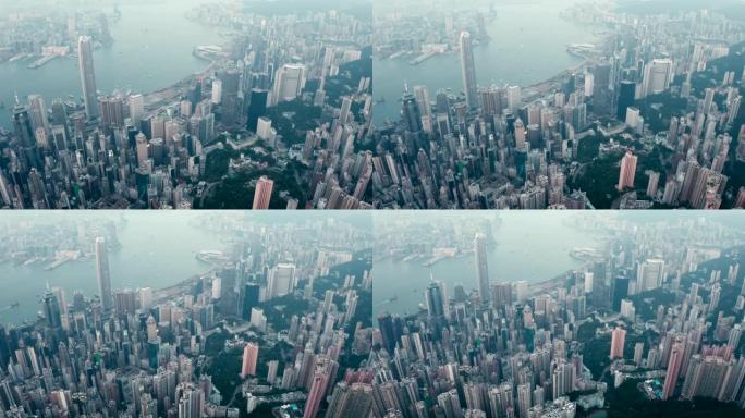 香港城市全景俯视图。带有摩天大楼的无人机镜头