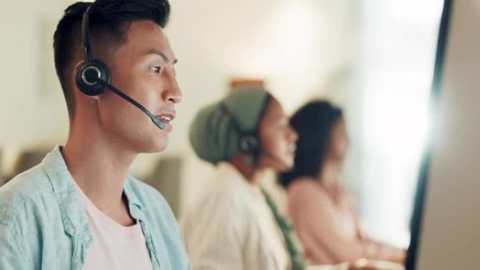 呼叫中心，亚洲人员和计算机上的通信，用于业务咨询，电话营销和crm。销售员、顾问和电信办公室的在线技