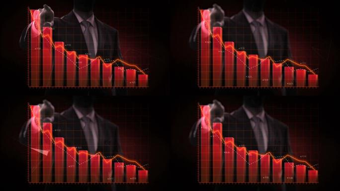 商人向上移动手指，各种动画股票市场图表和条形图。减少红线。4k动画。