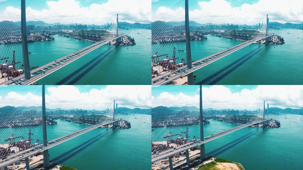 鸟瞰桥和港口基建基础建设海水海面