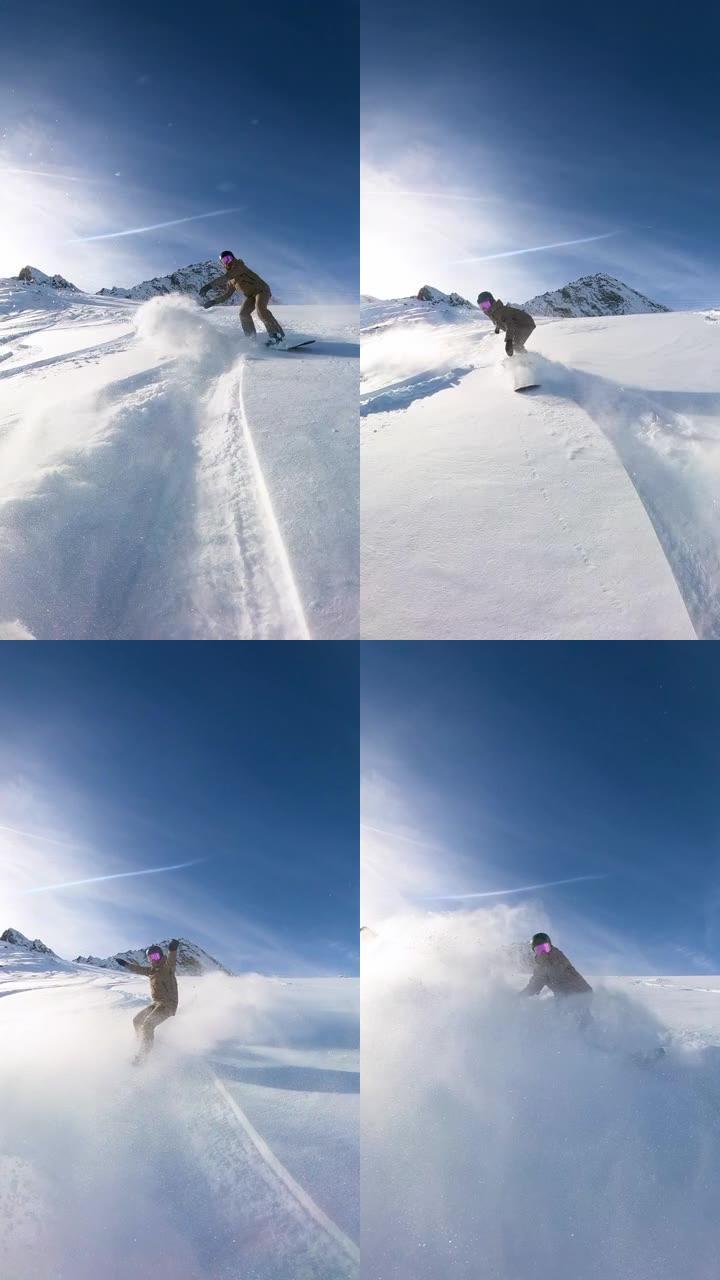 极端的自由滑雪滑雪者骑着新鲜的粉末雪并做粉末关闭滑雪道