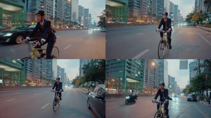 活跃的商人在城市骑自行车。