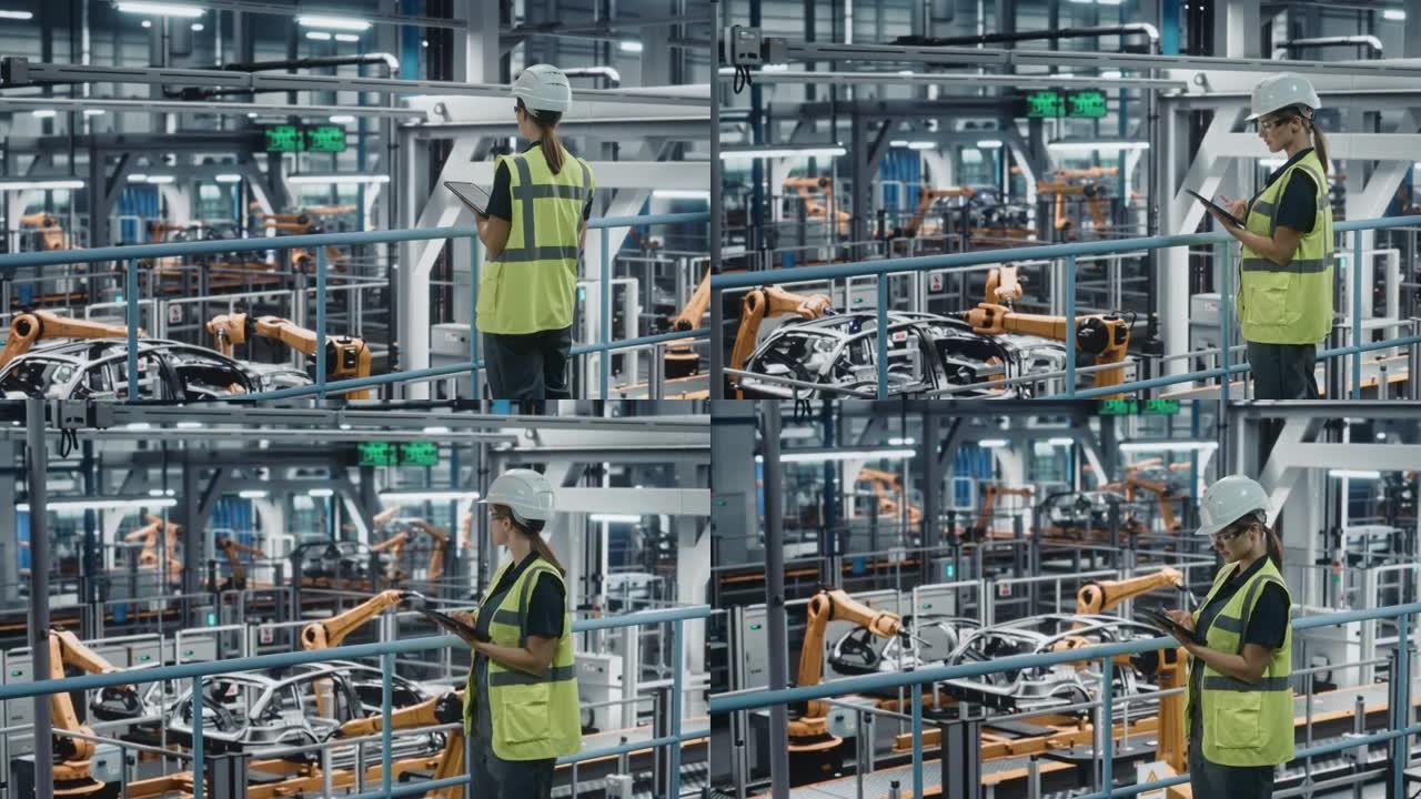 使用平板电脑的高能见度背心女汽车厂工程师。汽车工业制造工厂致力于机器人技术的车辆生产。自动化装配厂。