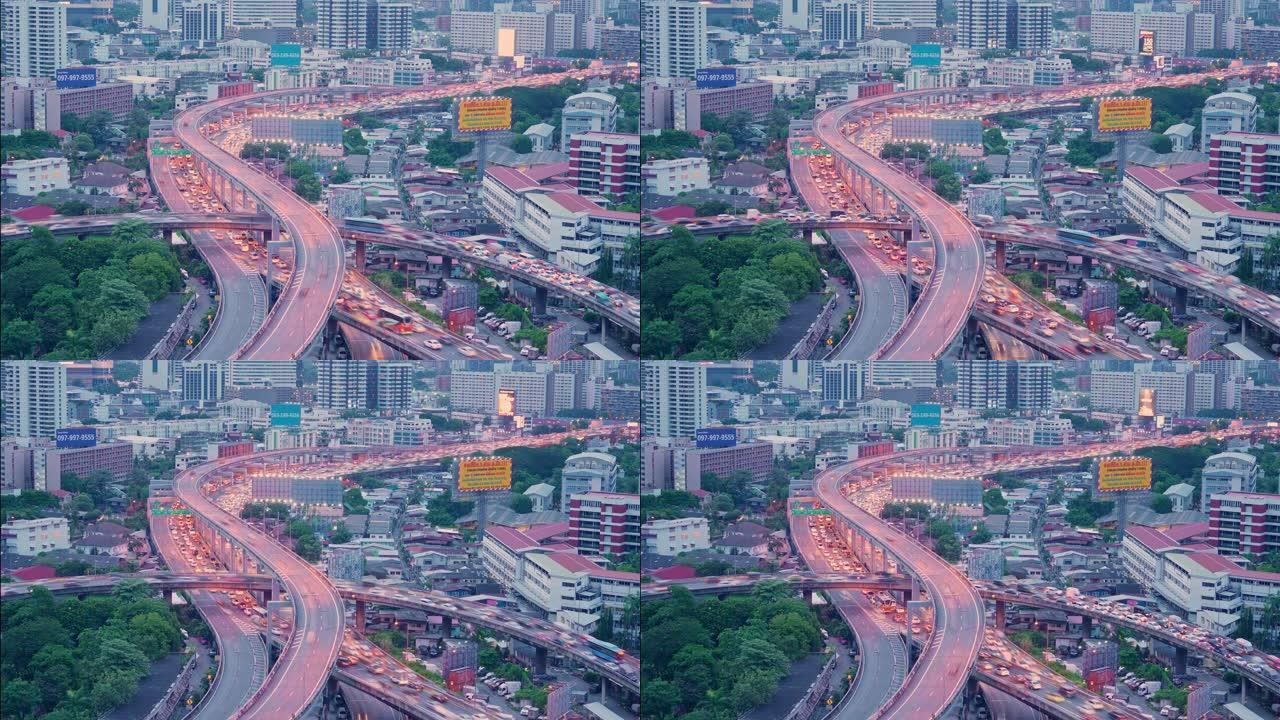 4K UHD延时: 市区高峰时间晚上的曼谷高速公路交通。交通和现代城市景观概念。