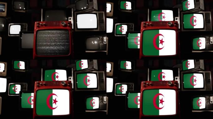 阿尔及利亚国旗和老式电视。4k分辨率。