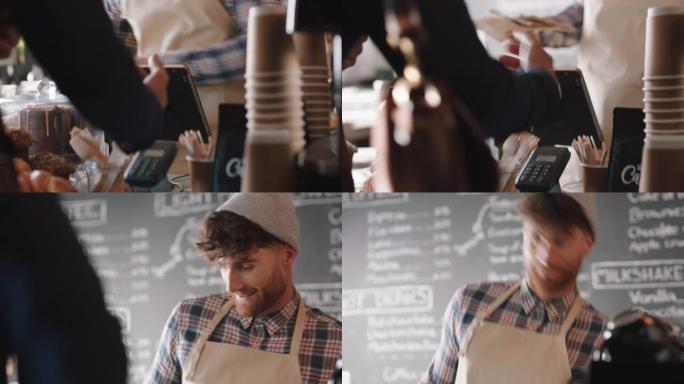 快乐咖啡师服务客户使用智能手表在咖啡馆购买咖啡消费