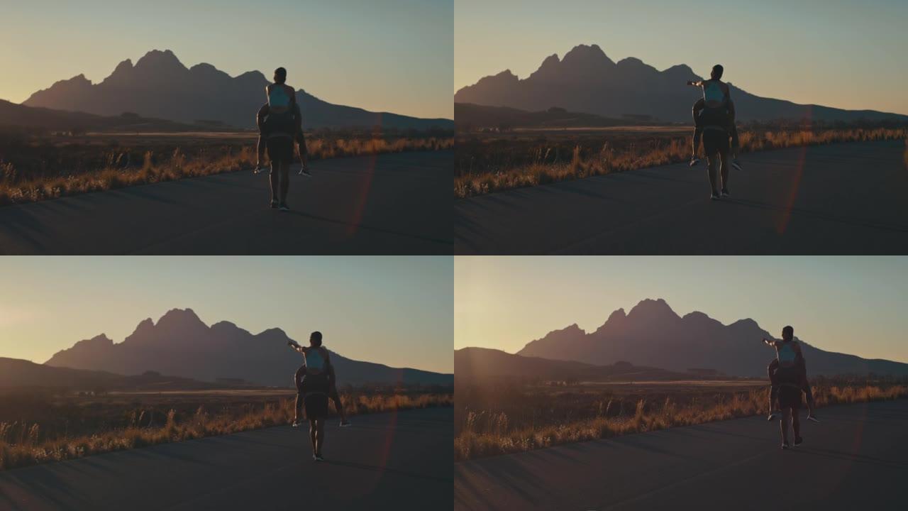 4k视频片段，一对年轻夫妇在乡村的道路上奔跑后享受背负式生活