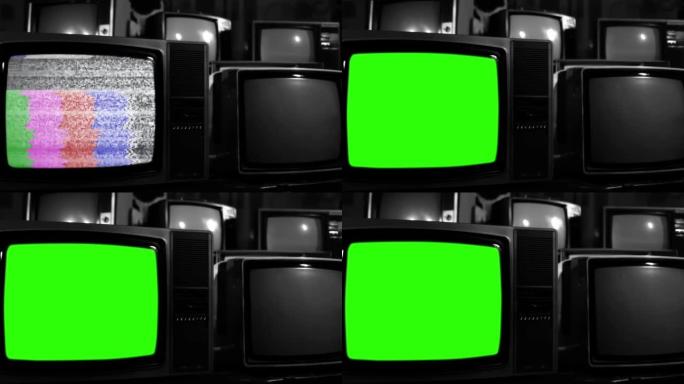 在许多老式电视中，旧电视打开色度键绿色屏幕。黑白色调。