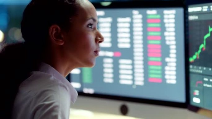 专业女性金融分析师在电脑屏幕上的投资图上观看和思考。企业金融领域的女商人，研究股票市场的增长。晚上工