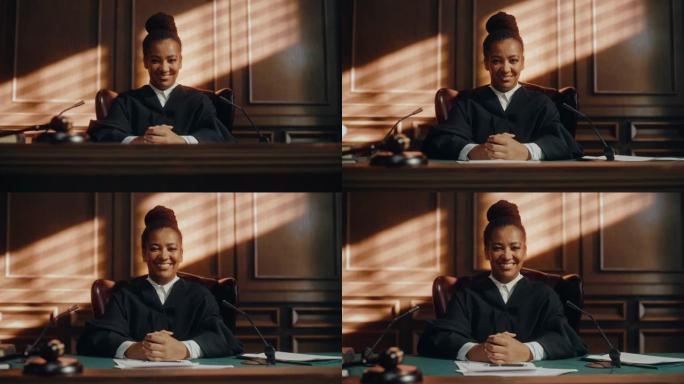 电影法庭审判:公正微笑的女法官看着镜头的肖像。明智，廉洁，公正，专业工作，量刑罪犯，保护无辜