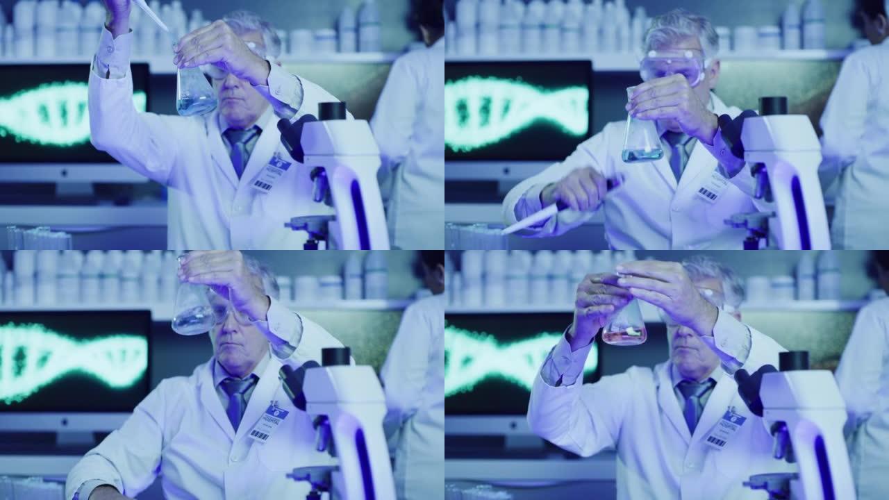 成熟的实验室科学家在紫外线实验室用烧杯和移液器测试酚酞化学反应。认真的医生戴防护眼镜，实验碱性存在测