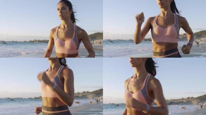 健身，夏季阳光运动在沙滩上跑步和锻炼，跑步者训练和运动健康。悉尼户外海洋沙滩上的运动员，速度能量跑和