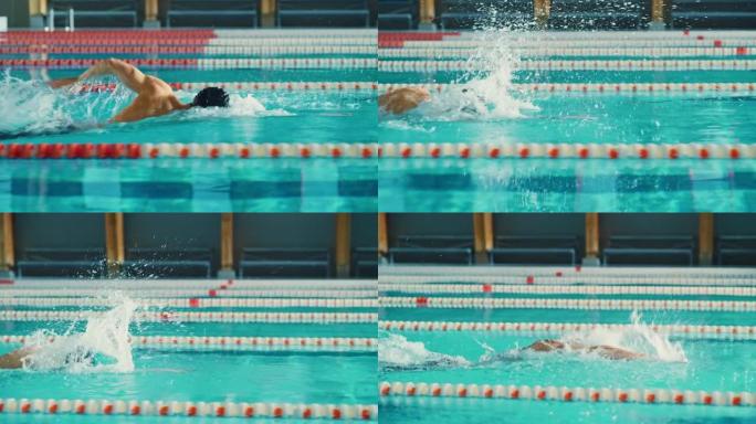成功的男子游泳运动员赛车，在游泳池游泳。职业运动员决心使用前爬行自由泳赢得冠军。彩色电影镜头。侧视图