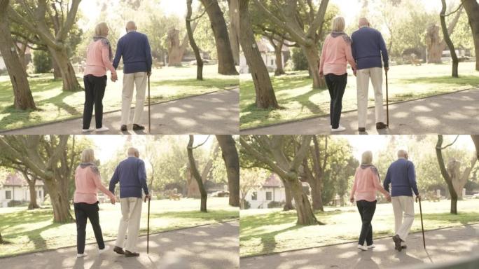 在公园里浪漫的散步中，成熟的情侣手牵手亲吻。快乐而深情的高级夫妇在夏日里手拉手走在外面。已婚夫妻在户