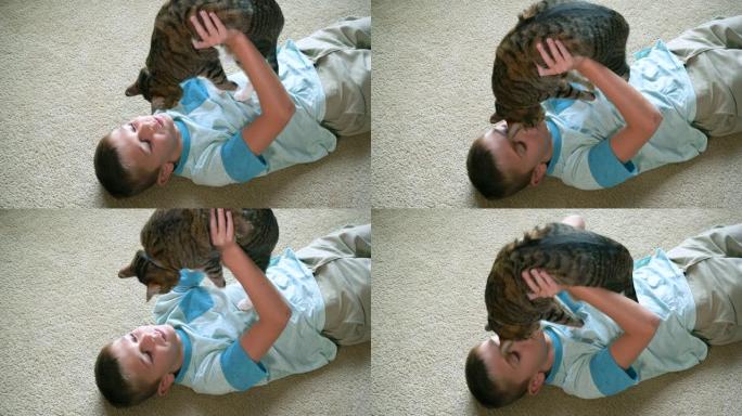 男孩躺在地板上玩猫