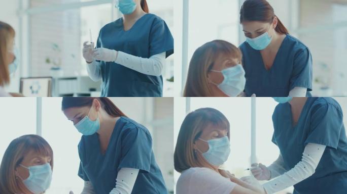 4k视频片段，一名护士戴着口罩并在诊所给患者接种Covid疫苗