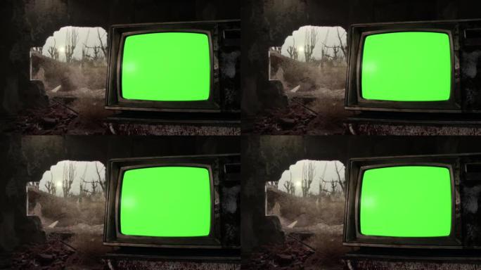 老式电视机，绿屏在一栋被拆除的旧建筑内。4k分辨率。