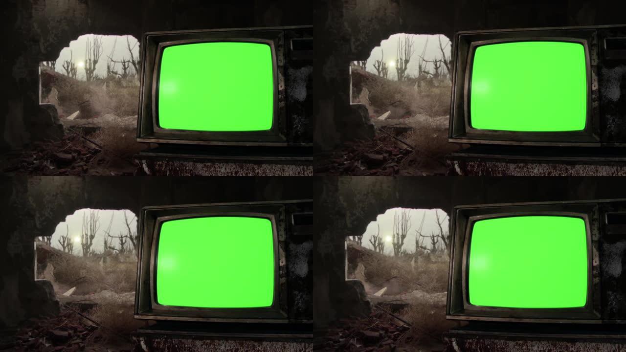 老式电视机，绿屏在一栋被拆除的旧建筑内。4k分辨率。