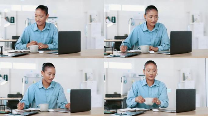 女商业工作者在办公桌前忙碌时在电脑上工作。现代、严肃、专注的公司员工打字电子邮件。聪明的年轻女子写作